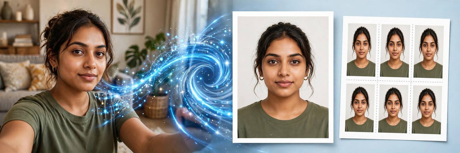 A casual selfie transformed into an official passport photo and 4x6 print sheet