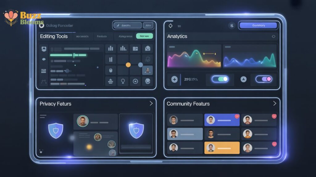 Instablu feature breakdown with editing, analytics, and community tools.