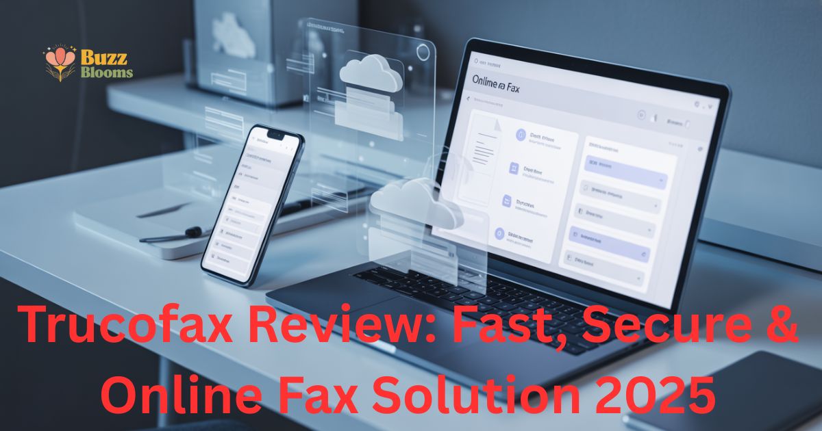 Modern digital fax dashboard on laptop and phone showcasing Trucofax interface.